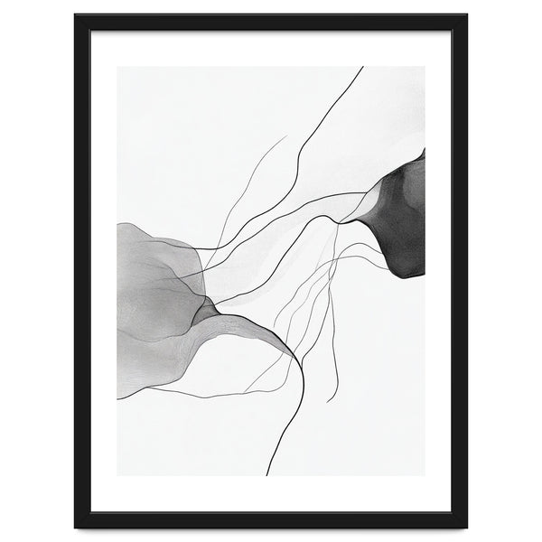Abstract Black And White Flowing Lines And Shapes On White Background