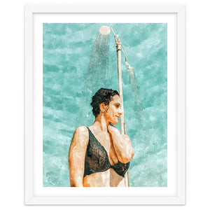 Bathe | Woman Pool Shower | Summer Swim Watercolor Painting | Brunette Bikini Boho Fashion by 83 Oranges