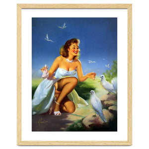 Beautiful Pinup Girl Feeding White Pigeons by Hermes