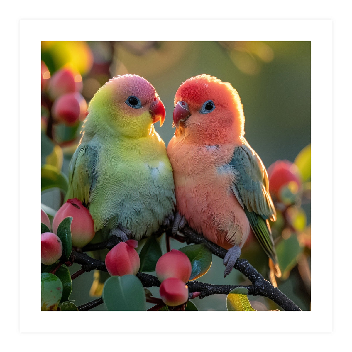 Lovebirds Couple Sitting On A Branch With Berries (Print Only)