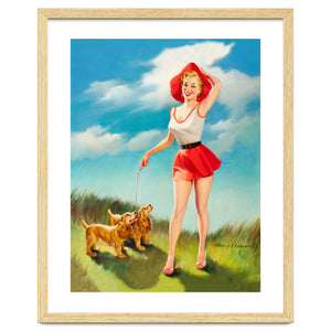 Pinup Girl In Little Red Dress And Two Dogs by Hermes