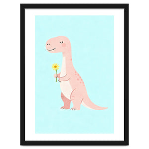 T-Rex Tyrannosaurus Dinosaur Art, Whimsical Dino with Flower, Gentle Nursery Print by neeteshdsgn