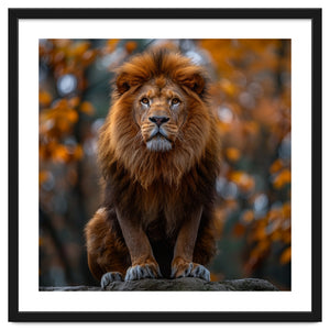 Majestic Lion Sitting On A Rock In Autumn Forest by Rizwana Khan
