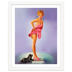 Pinup Girl On A Scale With Her Little Black Dog Behind by Hermes