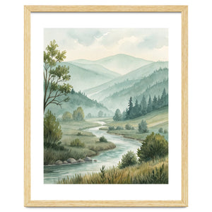 Serene River Valley in Soft Watercolor by artistic