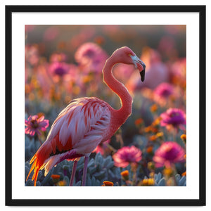 Pink Flamingo Standing In A Field Of Flowers by Rizwana Khan