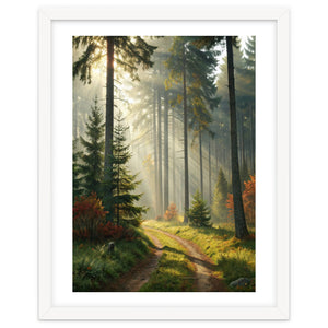The Golden Path: Ethereal Sunbeams Piercing Through a Misty Evergreen Forest at Dawn by artistic