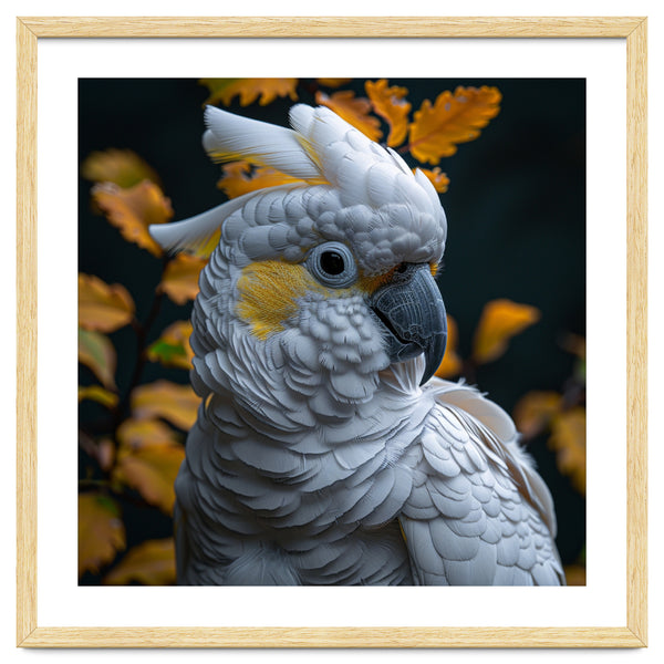 Yellow Crested Cockatoo Portrait Autumn Leaves Dark