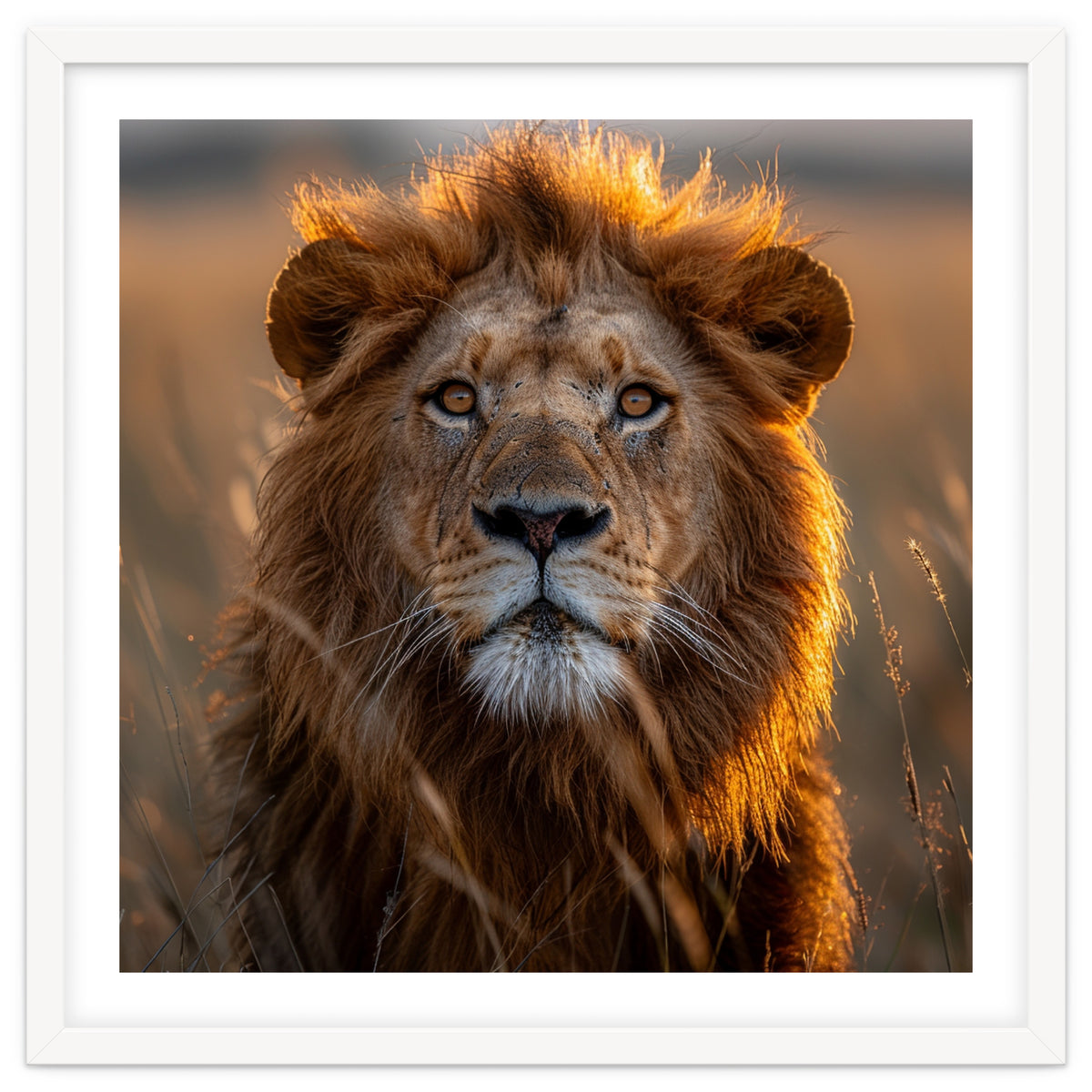 Majestic Lion Face In Golden Hour Sunlight