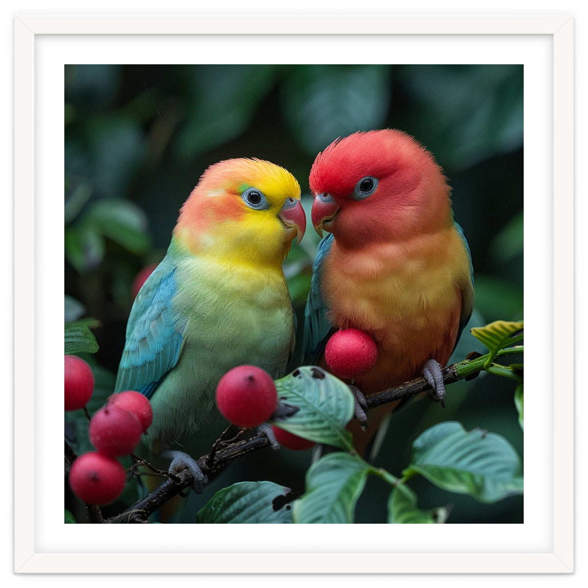 Lovebirds Perched Amidst Red Berries And Green Foliage