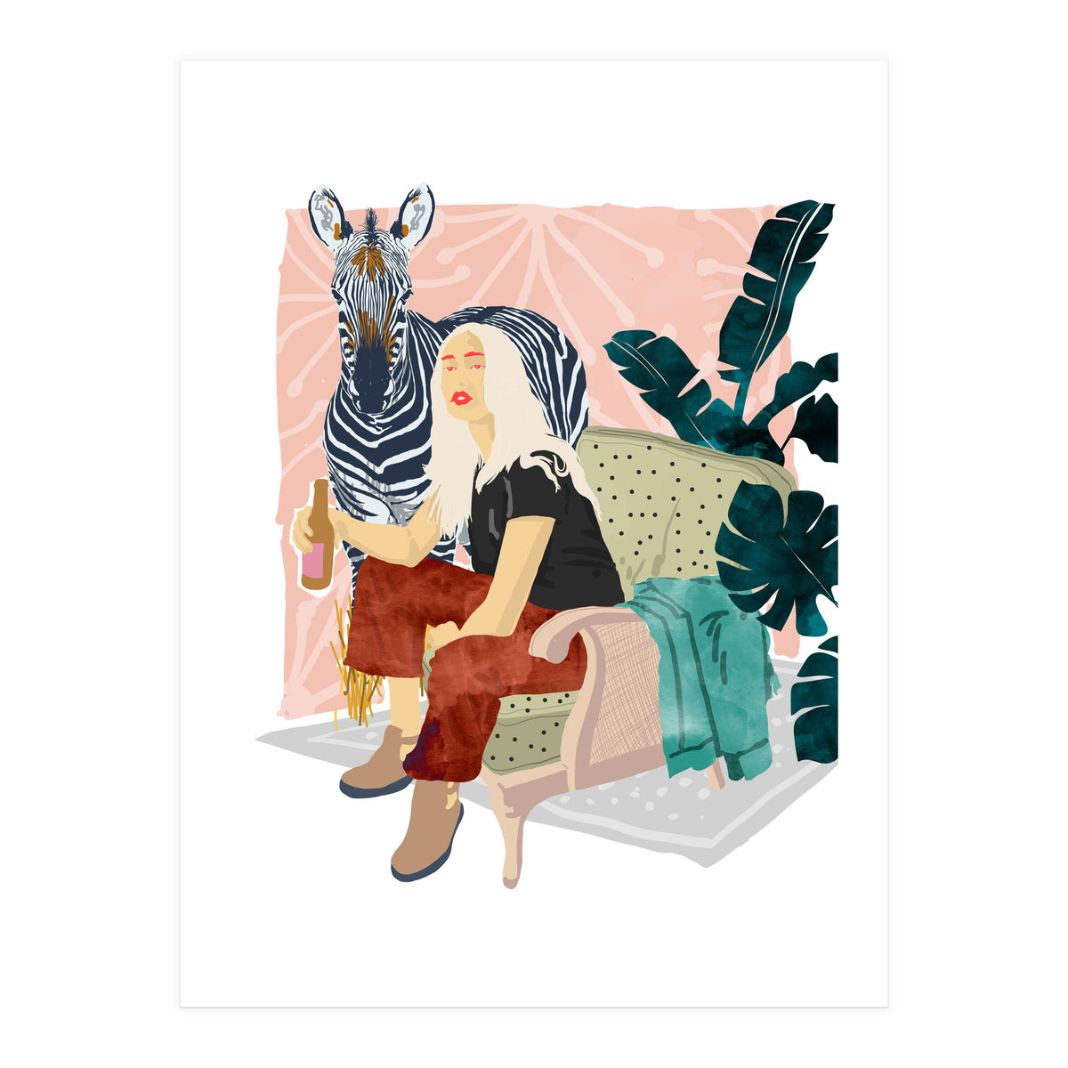 Zebra Hangout | Wildlife Urban Jungle Décor | Banana Leaves Monstera Plant Lady Fashion (Print Only)