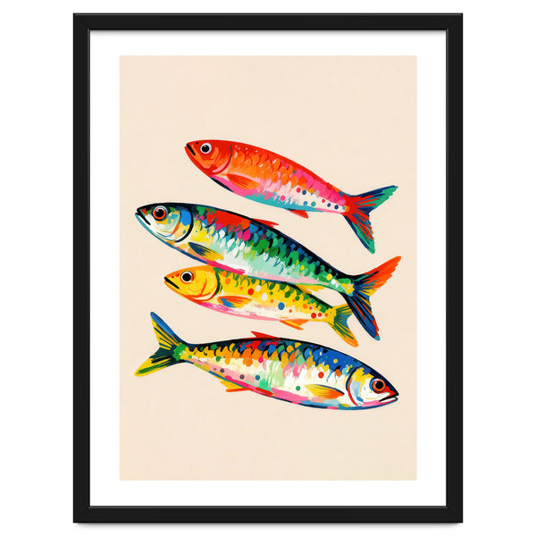 Colorful Sardines Fish Painting, Bright Coastal Wall Art Print for Beach House Sea Decor