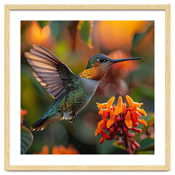 Hummingbird Hovering Near Orange Flowers