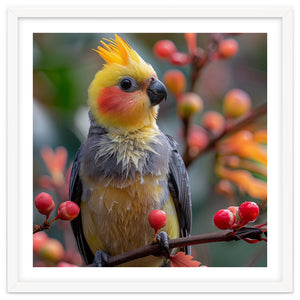 Cockatiel Bird Sitting On A Branch With Berries by Rizwana Khan