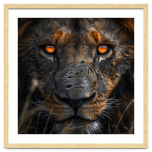 Majestic Lion Face Intense Orange Eyes Close Up by Rizwana Khan