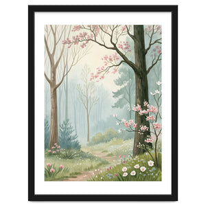 Enchanted Spring Woodland Path with Blooming Cherry Blossoms and Misty Pastel Forest Atmosphere by artistic