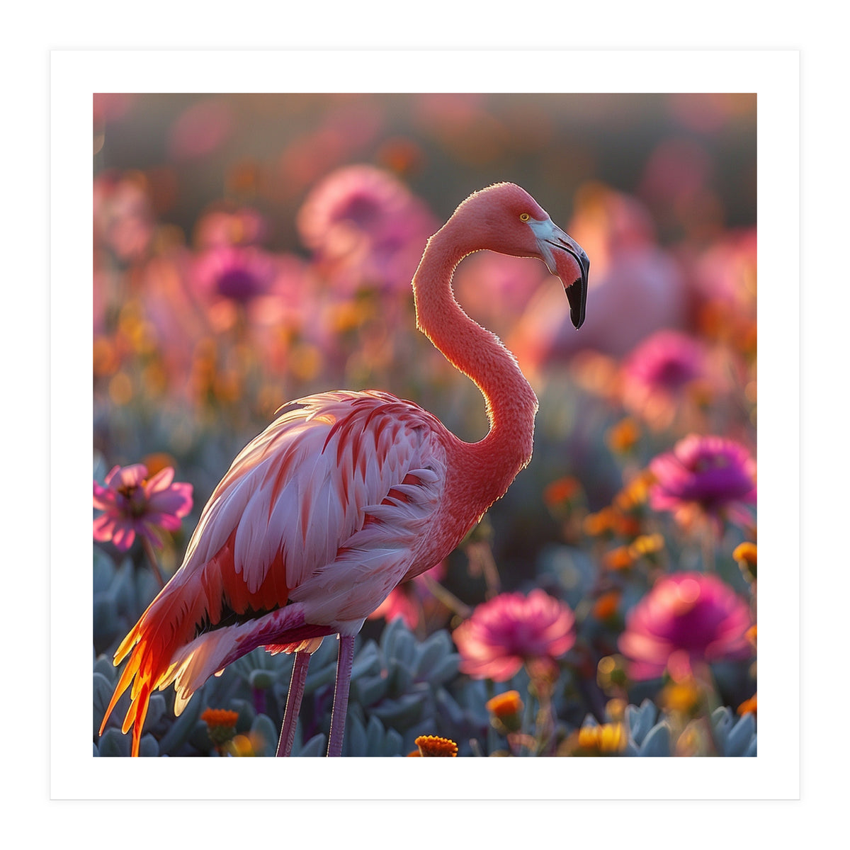 Pink Flamingo Standing In A Field Of Flowers (Print Only)