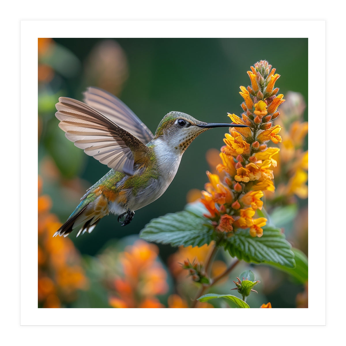 Hummingbird Feeding On Yellow Flowers Nectar (Print Only)