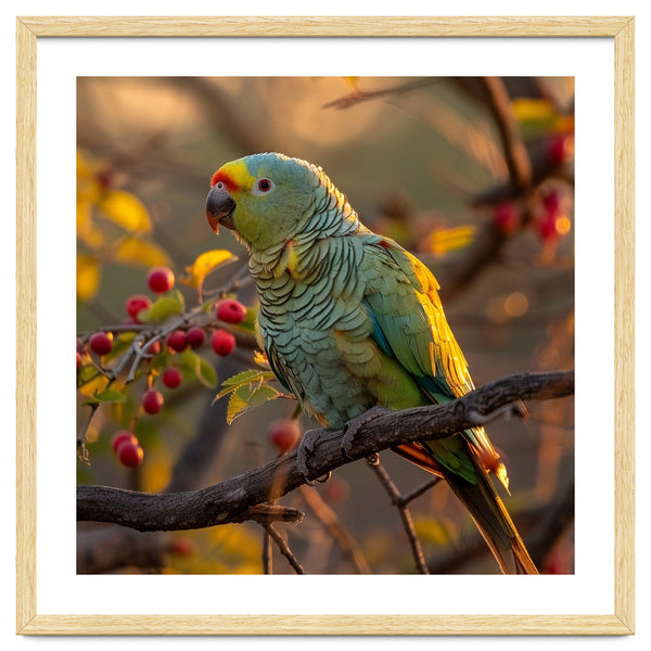 Green Parrot Perched On A Branch With Berries