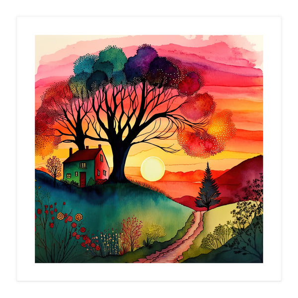 Watercolor Folk Art Sunset (Print Only)