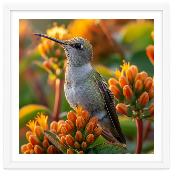 Hummingbird Perched On Orange Flowers