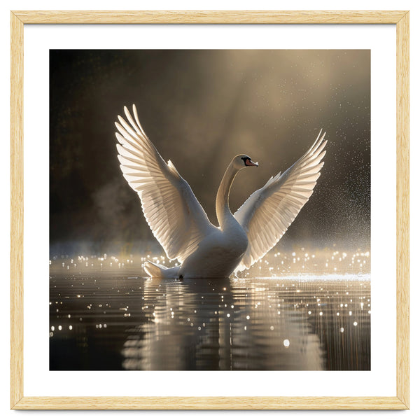 Graceful Swan Spreading Wings On Sparkling Water