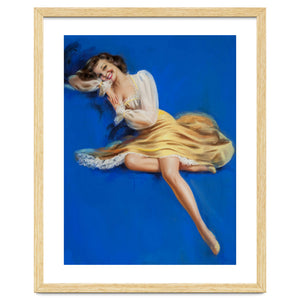 Pinup Girl Posing In Studio Over The Blue Background by Hermes