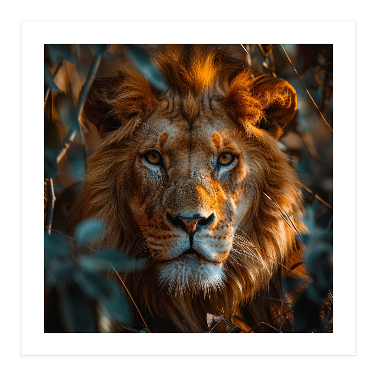 Close Up Majestic Lion Face Amidst Foliage (Print Only)