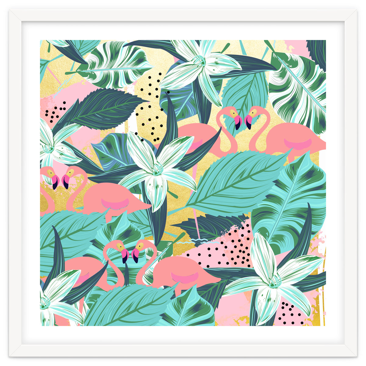 Flamingo Tropical, Colorful Modern Bohemian Eclectic Jungle Graphic Design, Blush Forest Gold Floral
