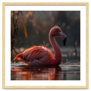 Pink Flamingo Swimming In Sunlight Water by Rizwana Khan