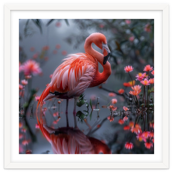 Elegant Flamingo Standing In Water Reflection