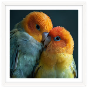 Lovebirds Couple Nuzzling With Orange And Yellow Feathers by Rizwana Khan