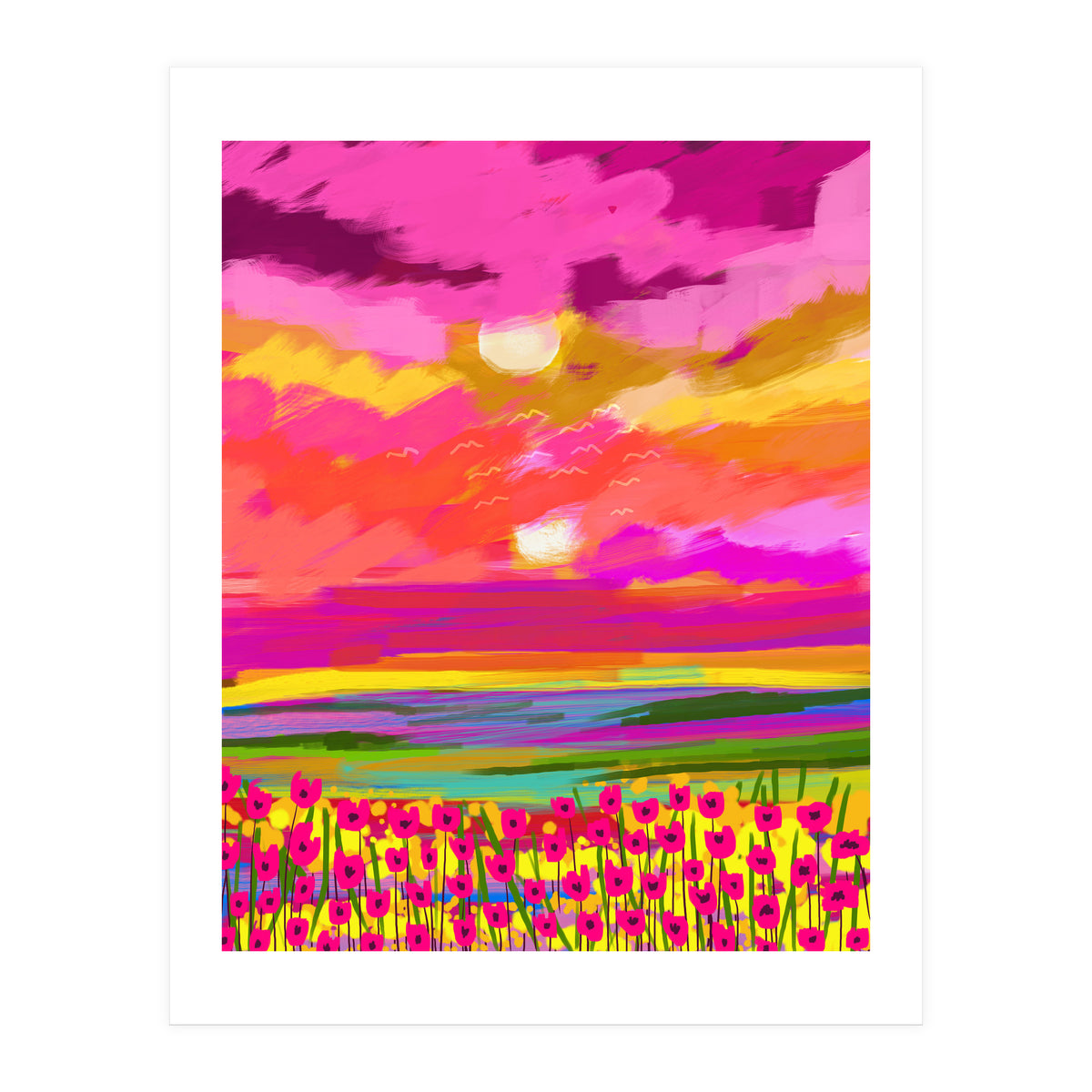 Two Suns, Pink Nature Painting Sky, Maximalist Landscape Pop Of Color Eclectic, Sunrise Sunset Meadow Boho Modern Contemporary (Print Only)