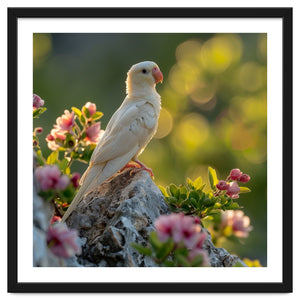 Albino Parrot Perched On A Rock Amongst Flowers by Rizwana Khan