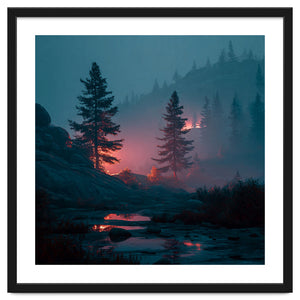 Atmospheric Twilight Pine Forest with Glowing Crimson Light by artistic
