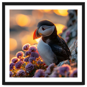 Puffin Bird Amidst Purple Flowers Golden Hour by Rizwana Khan