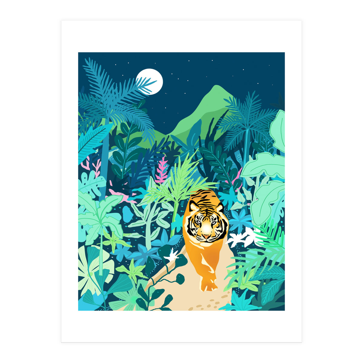 Tiger Walk, Bohemian Jungle Maximalist Nature, Botanical Forest Plants Moon Wild Animals (Print Only)