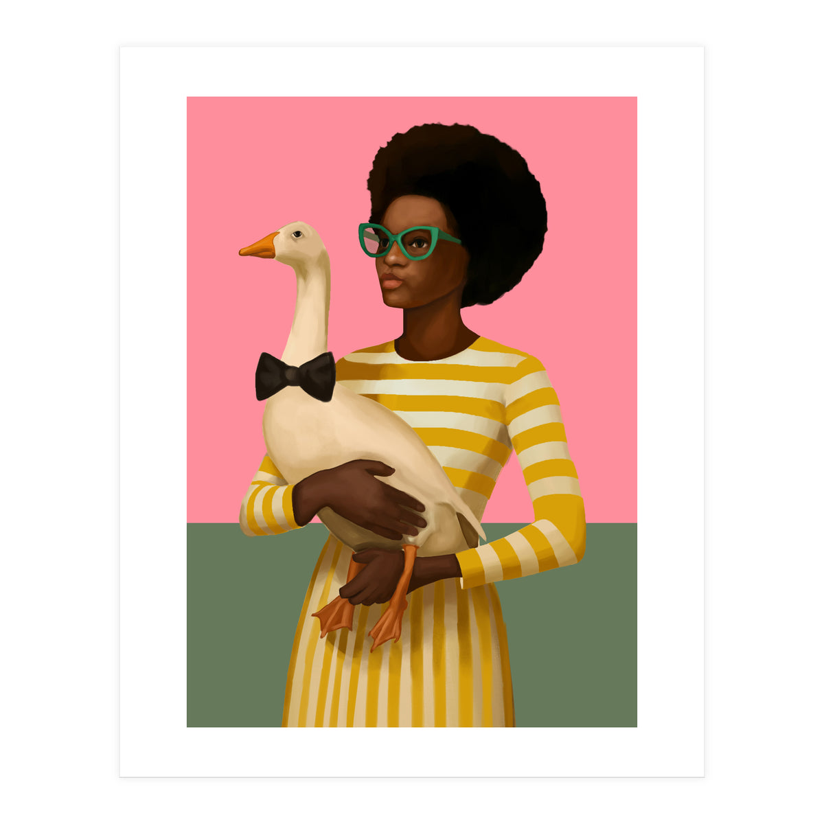 Stylish Woman Holding Goose In Striped Dress (Print Only)