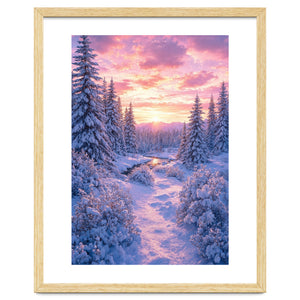 Winter Sunset Glow: Serene Snowy Forest and Frozen Creek by artistic