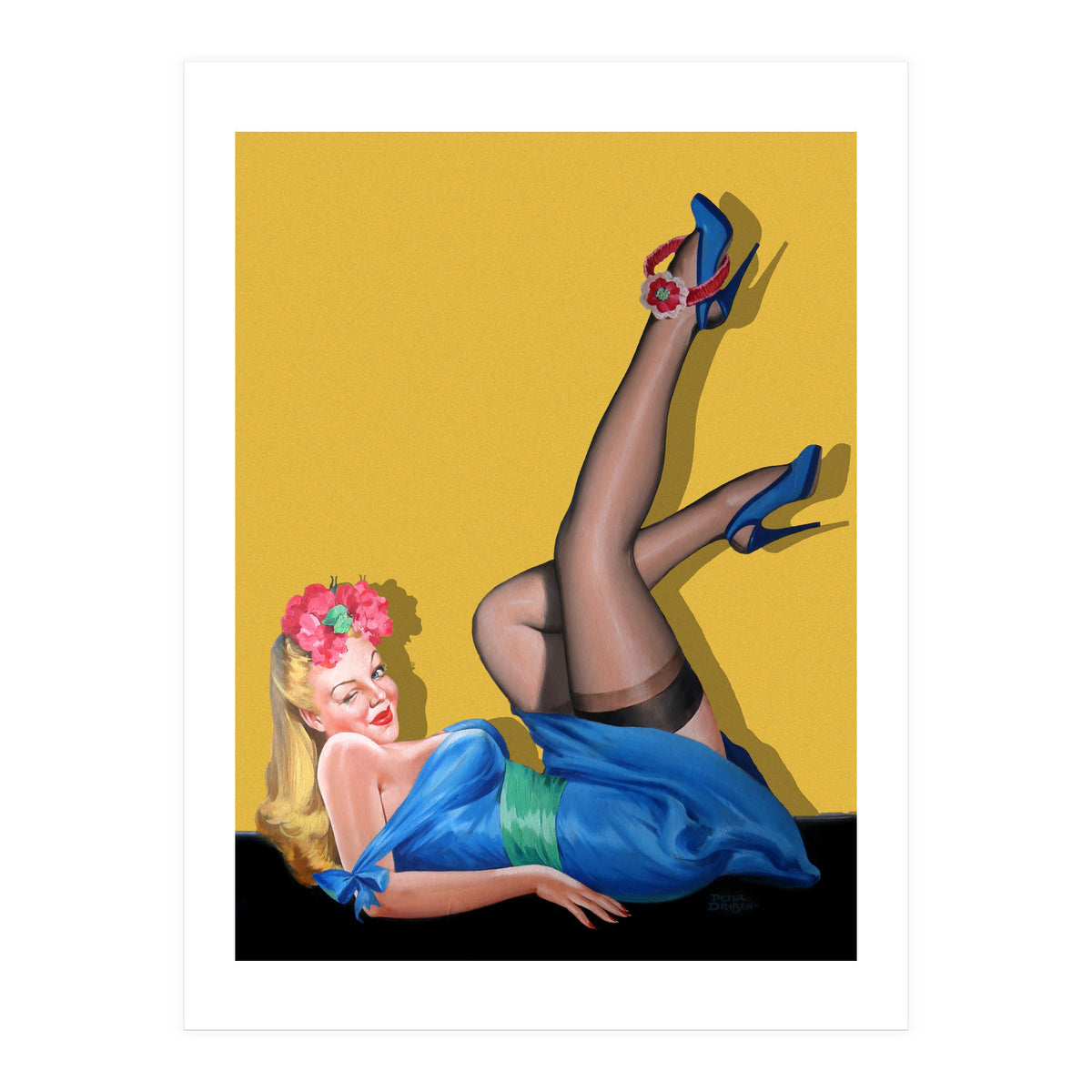 Sexy Pinup Winking Girl In Showing Her New High Heels (Print Only)