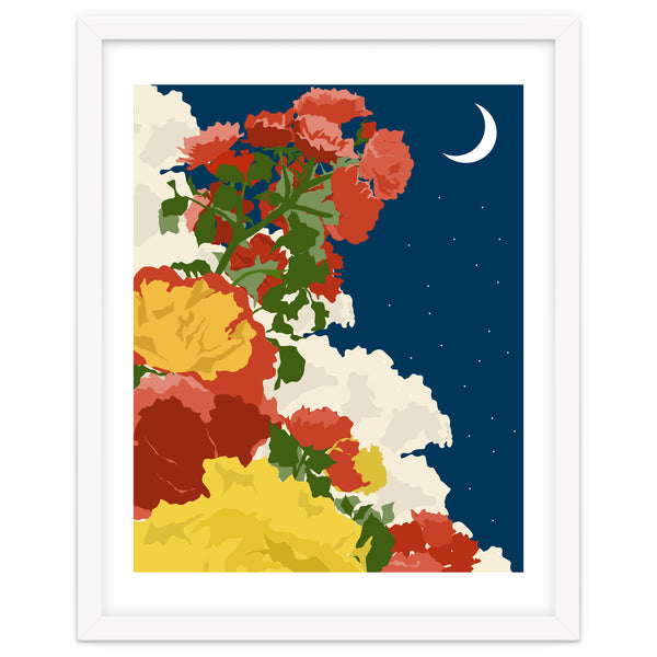 Moonlight, Vintage Botanical Nature Floral, Night Sky Illustration, Bohemian Eclectic Plants Blossom Starry Night