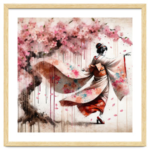 Geisha Under Cherry Blossoms In Motion by Chromatic Fusion Studio