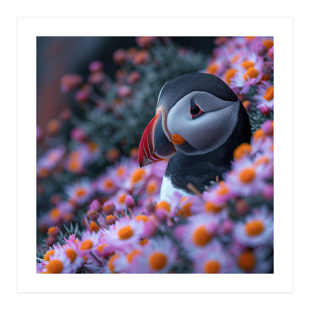 Puffin Bird Among Pink Flowers (Print Only)