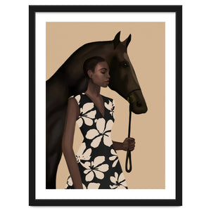 Woman In Bold Print With Black Horse by Branka Kodžoman