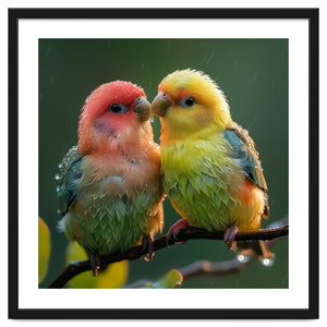Two Lovebirds Perched On A Branch In Rain by Rizwana Khan