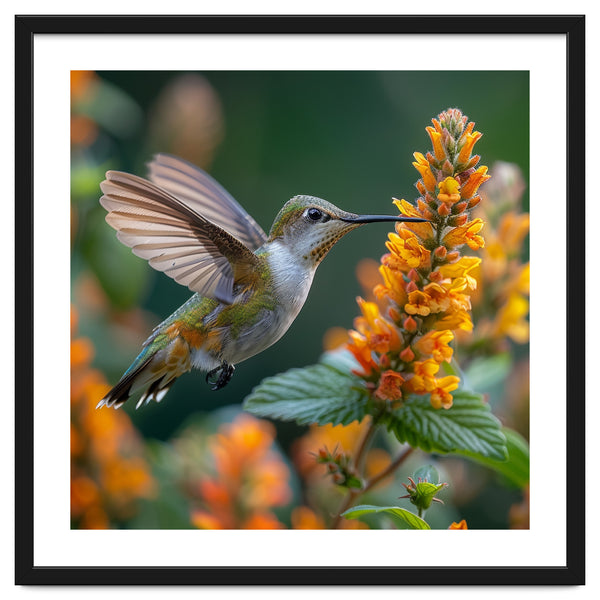 Hummingbird Feeding On Yellow Flowers Nectar
