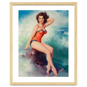 Pinup Girl Posing In Front Of Big Waves On The Beach by Hermes