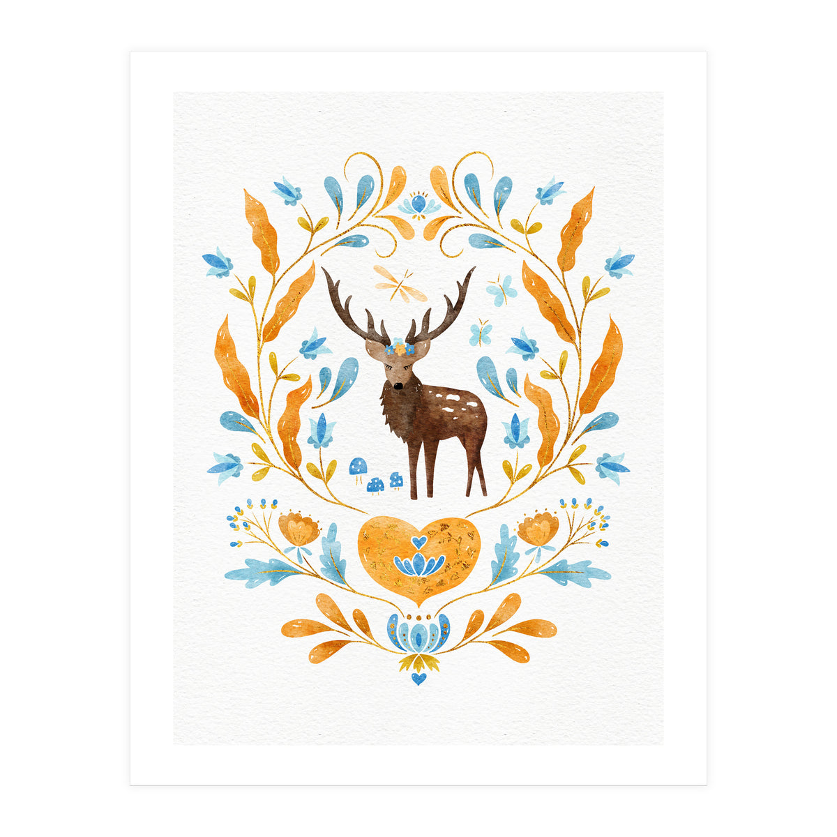 Floral Stag | Blue And Orange (Print Only)