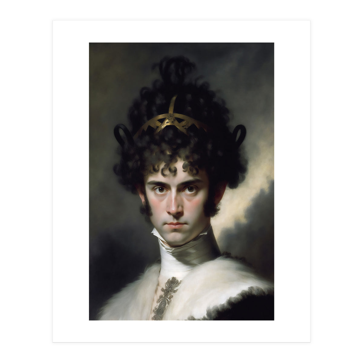 Curly Haired Man Moody Vintage Dark Painting (Print Only)