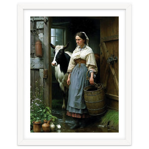 Farm Girl and Cow in Barn Oil Painting by Walter WhatsHisFace